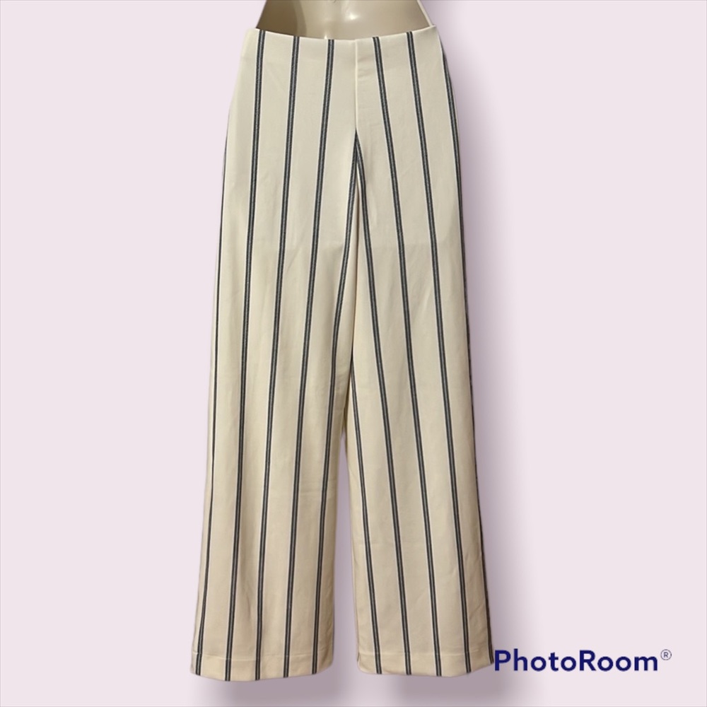 H&M Women’s Pull On Dress Work Pants Wide Leg Cream & Blue Stripes Size XS - Picture 2 of 8